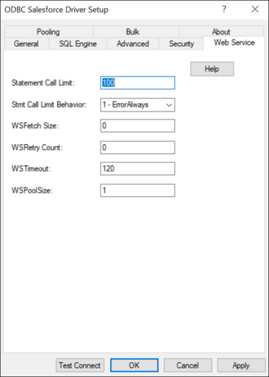 The Web Service tab of the ODBC Salesforce Driver Setup dialog box