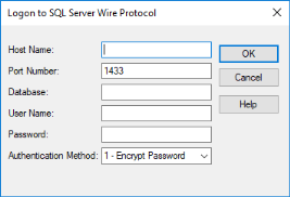The Logon to SQL Server Wire Protocol dialog box