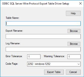The ODBC SQL Server Wire Protocol Export Table Driver Setup dialog box