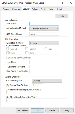 The Security Tab of the ODBC SQL Server Wire Protocol Driver Setup dialog box